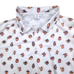 City Guy Mens XL Golf Polo Shirt White Hot Dog Print Short Sleeve Button Up